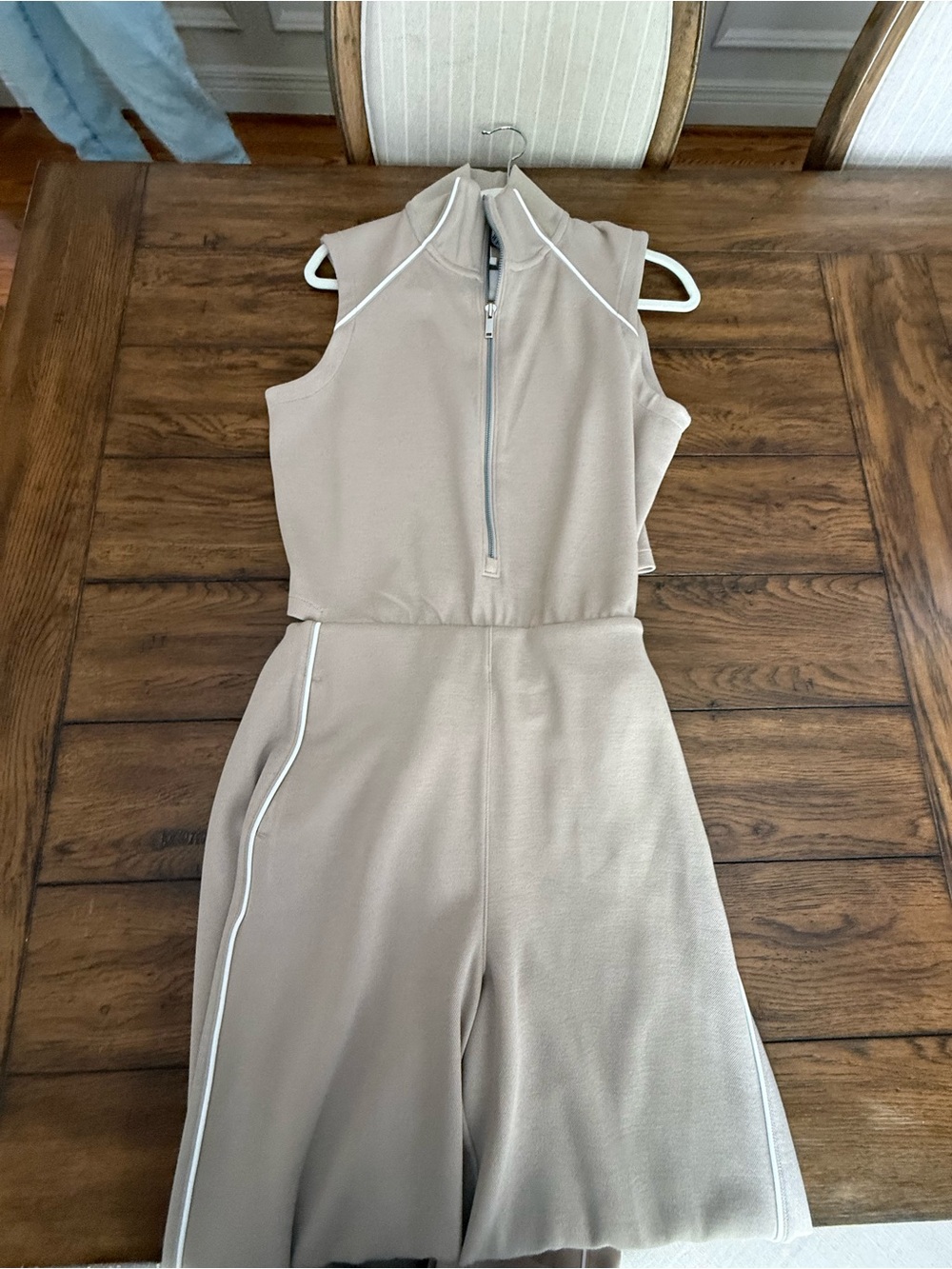 SPANX Sleeveless Taupe Jumpsuit with White Piping